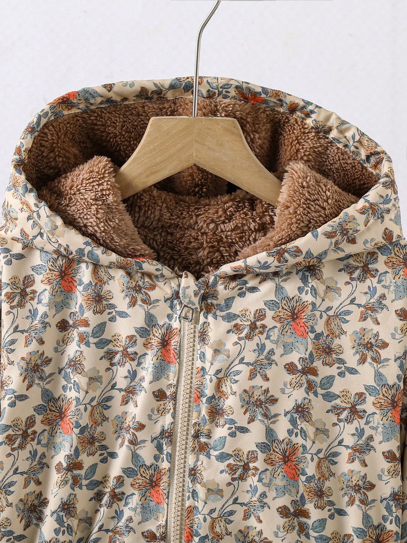 Tween Girls Brown Long Sleeve Casual Fashion Classic Woven Fabric Floral Pattern Hooded Long Zip Up Waist-Cinching Jacket With Contrast Color