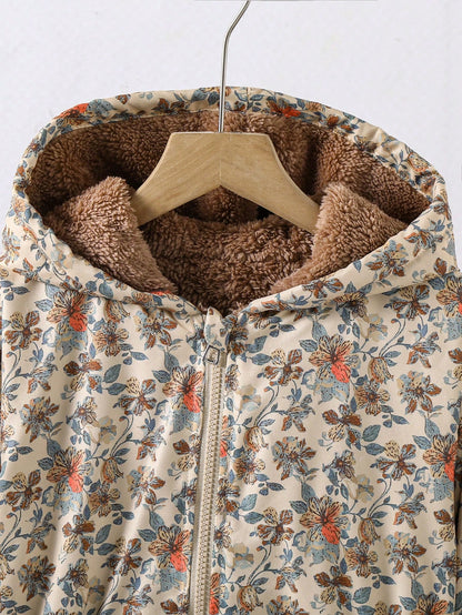 Tween Girls Brown Long Sleeve Casual Fashion Classic Woven Fabric Floral Pattern Hooded Long Zip Up Waist-Cinching Jacket With Contrast Color