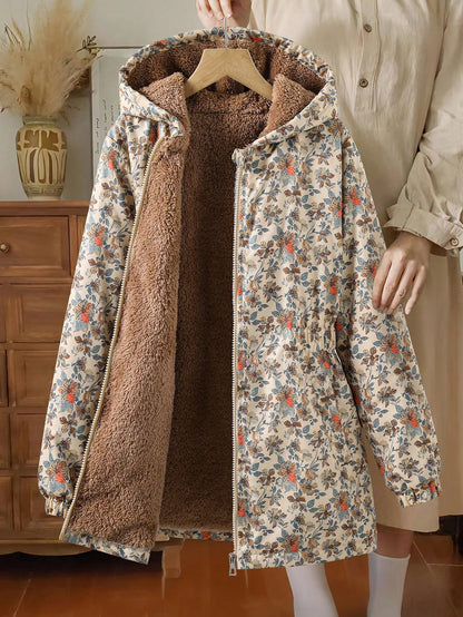 Tween Girls Brown Long Sleeve Casual Fashion Classic Woven Fabric Floral Pattern Hooded Long Zip Up Waist-Cinching Jacket With Contrast Color