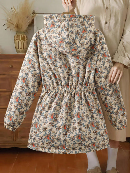 Tween Girls Brown Long Sleeve Casual Fashion Classic Woven Fabric Floral Pattern Hooded Long Zip Up Waist-Cinching Jacket With Contrast Color
