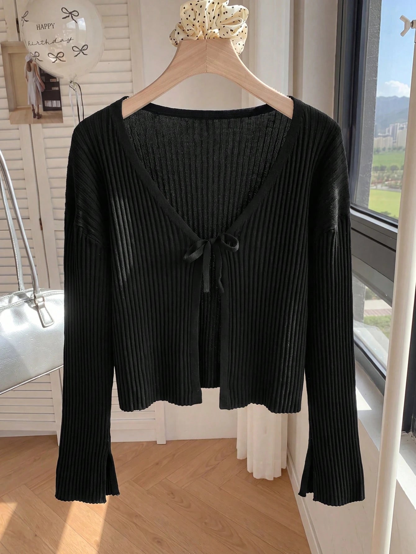 Tween Girls Tween Girl Autumn/Winter New Fashion Casual College Style Black Knit Jacquard Ribbed Bow Cardigan, Back To School Outfit, Autumn/Winter Outing Outfit, Suitable For Various Pairings