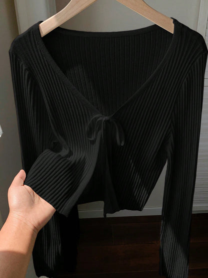 Tween Girls Tween Girl Autumn/Winter New Fashion Casual College Style Black Knit Jacquard Ribbed Bow Cardigan, Back To School Outfit, Autumn/Winter Outing Outfit, Suitable For Various Pairings
