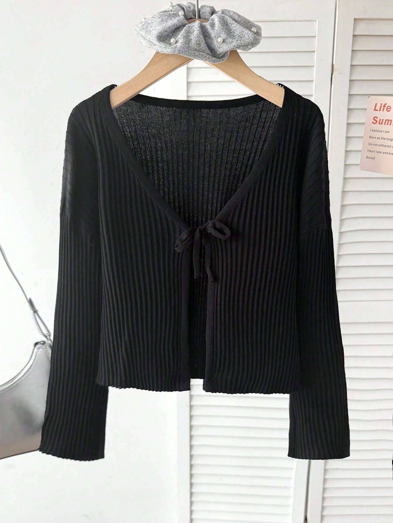 Tween Girls Tween Girl Autumn/Winter New Fashion Casual College Style Black Knit Jacquard Ribbed Bow Cardigan, Back To School Outfit, Autumn/Winter Outing Outfit, Suitable For Various Pairings