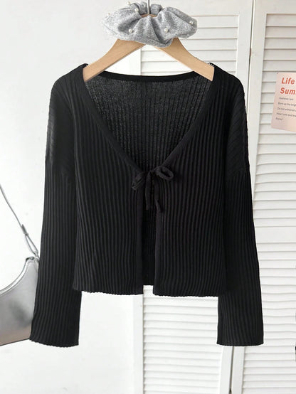 Tween Girls Tween Girl Autumn/Winter New Fashion Casual College Style Black Knit Jacquard Ribbed Bow Cardigan, Back To School Outfit, Autumn/Winter Outing Outfit, Suitable For Various Pairings