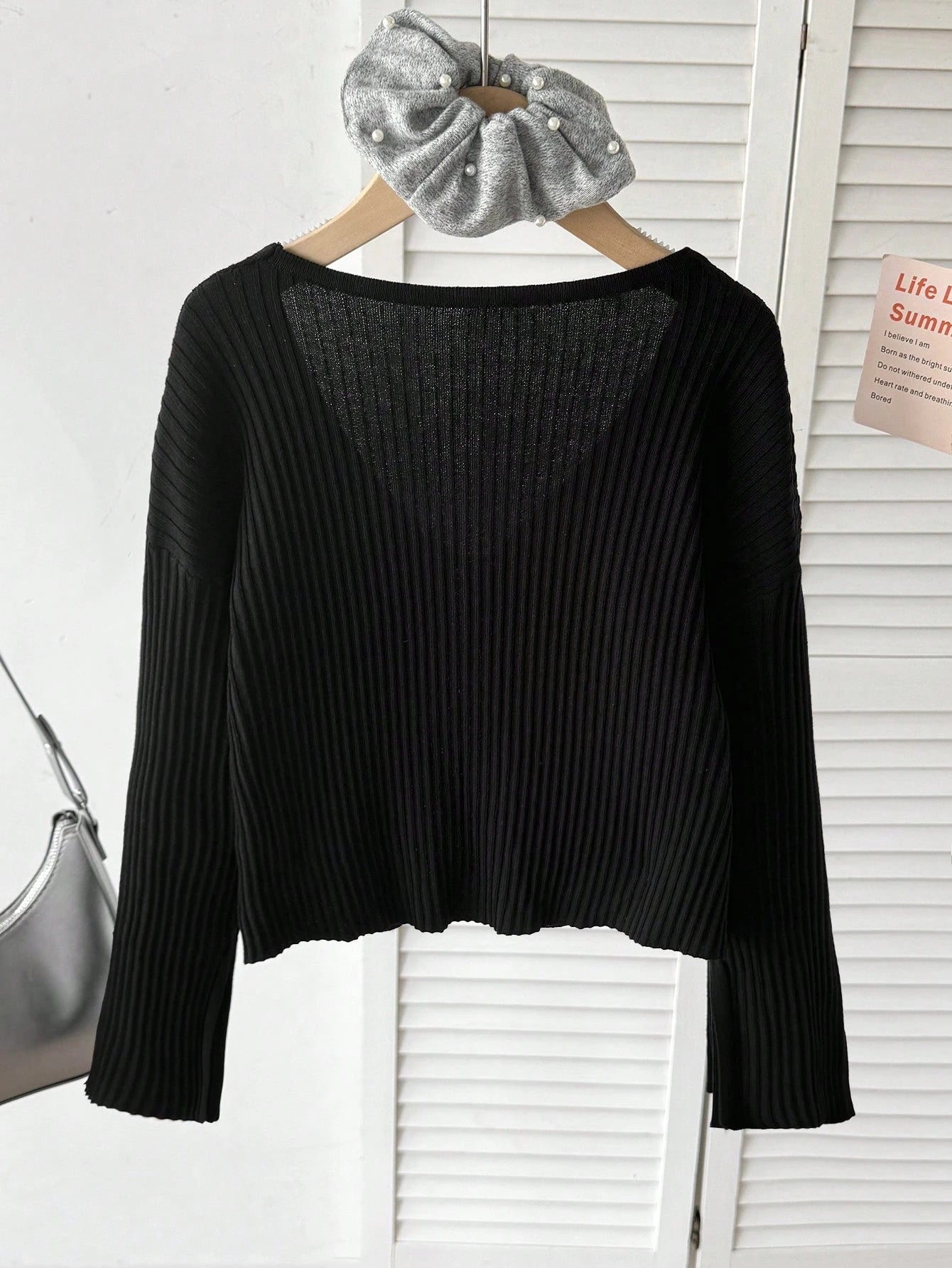 Tween Girls Tween Girl Autumn/Winter New Fashion Casual College Style Black Knit Jacquard Ribbed Bow Cardigan, Back To School Outfit, Autumn/Winter Outing Outfit, Suitable For Various Pairings