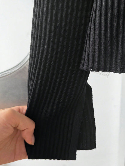 Tween Girls Tween Girl Autumn/Winter New Fashion Casual College Style Black Knit Jacquard Ribbed Bow Cardigan, Back To School Outfit, Autumn/Winter Outing Outfit, Suitable For Various Pairings