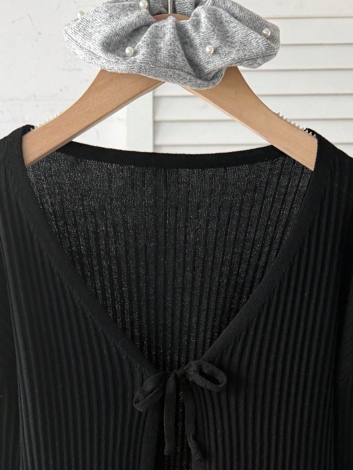 Tween Girls Tween Girl Autumn/Winter New Fashion Casual College Style Black Knit Jacquard Ribbed Bow Cardigan, Back To School Outfit, Autumn/Winter Outing Outfit, Suitable For Various Pairings