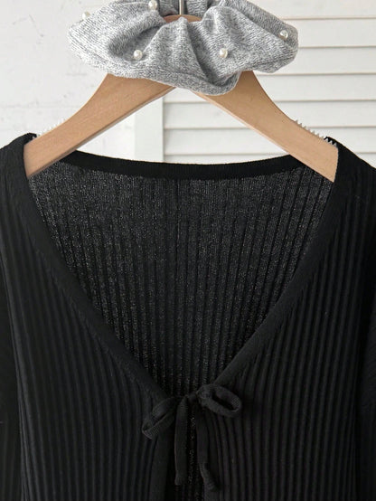 Tween Girls Tween Girl Autumn/Winter New Fashion Casual College Style Black Knit Jacquard Ribbed Bow Cardigan, Back To School Outfit, Autumn/Winter Outing Outfit, Suitable For Various Pairings