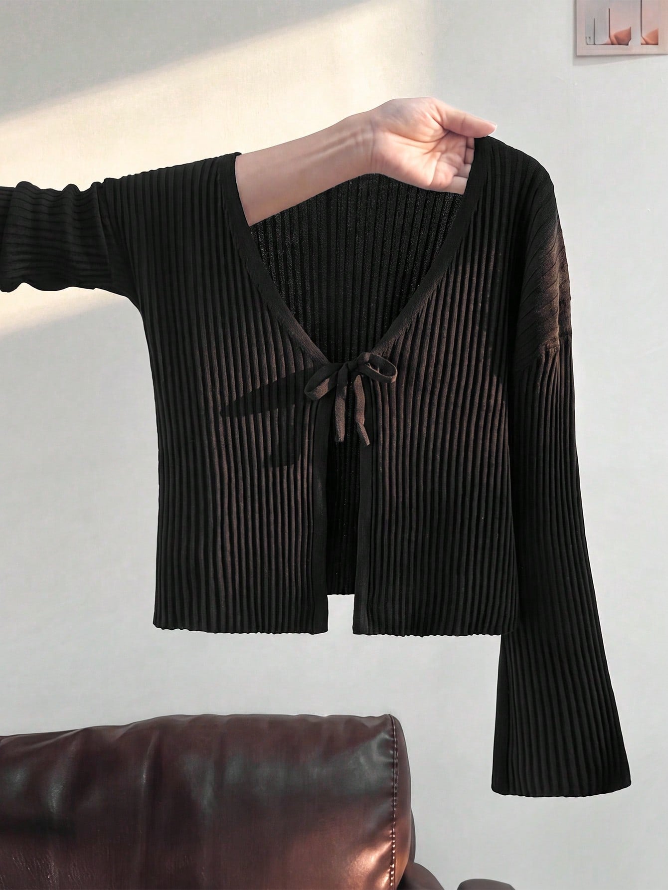 Tween Girls Tween Girl Autumn/Winter New Fashion Casual College Style Black Knit Jacquard Ribbed Bow Cardigan, Back To School Outfit, Autumn/Winter Outing Outfit, Suitable For Various Pairings