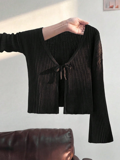 Tween Girls Tween Girl Autumn/Winter New Fashion Casual College Style Black Knit Jacquard Ribbed Bow Cardigan, Back To School Outfit, Autumn/Winter Outing Outfit, Suitable For Various Pairings