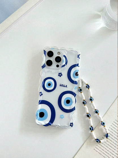 Twisted Wave Edge Minimalist Premium TPU Flower Eye Painted Anti-Drop Phone Case Protective Cover With Additional Accessory Beaded Bracelet Compatible With IPhone 17pro/17Air/17/17promax 16/11/16pro/1