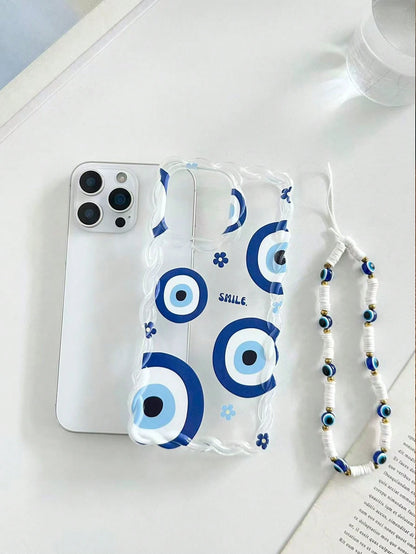 Twisted Wave Edge Minimalist Premium TPU Flower Eye Painted Anti-Drop Phone Case Protective Cover With Additional Accessory Beaded Bracelet Compatible With IPhone 17pro/17Air/17/17promax 16/11/16pro/1