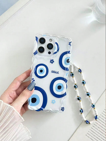 Twisted Wave Edge Minimalist Premium TPU Flower Eye Painted Anti-Drop Phone Case Protective Cover With Additional Accessory Beaded Bracelet Compatible With IPhone 17pro/17Air/17/17promax 16/11/16pro/1