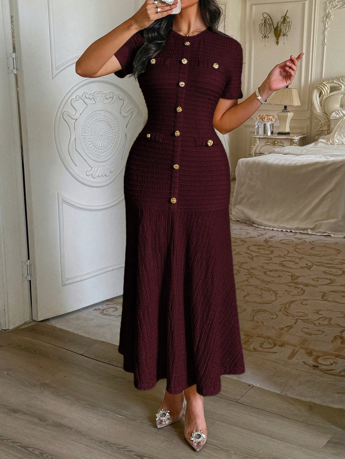 Unadoll Women's Autumn Burgundy Tweed Mid-Length Dress, Short Sleeve Button-Up Fitted Mermaid Skirt Summer Elegant