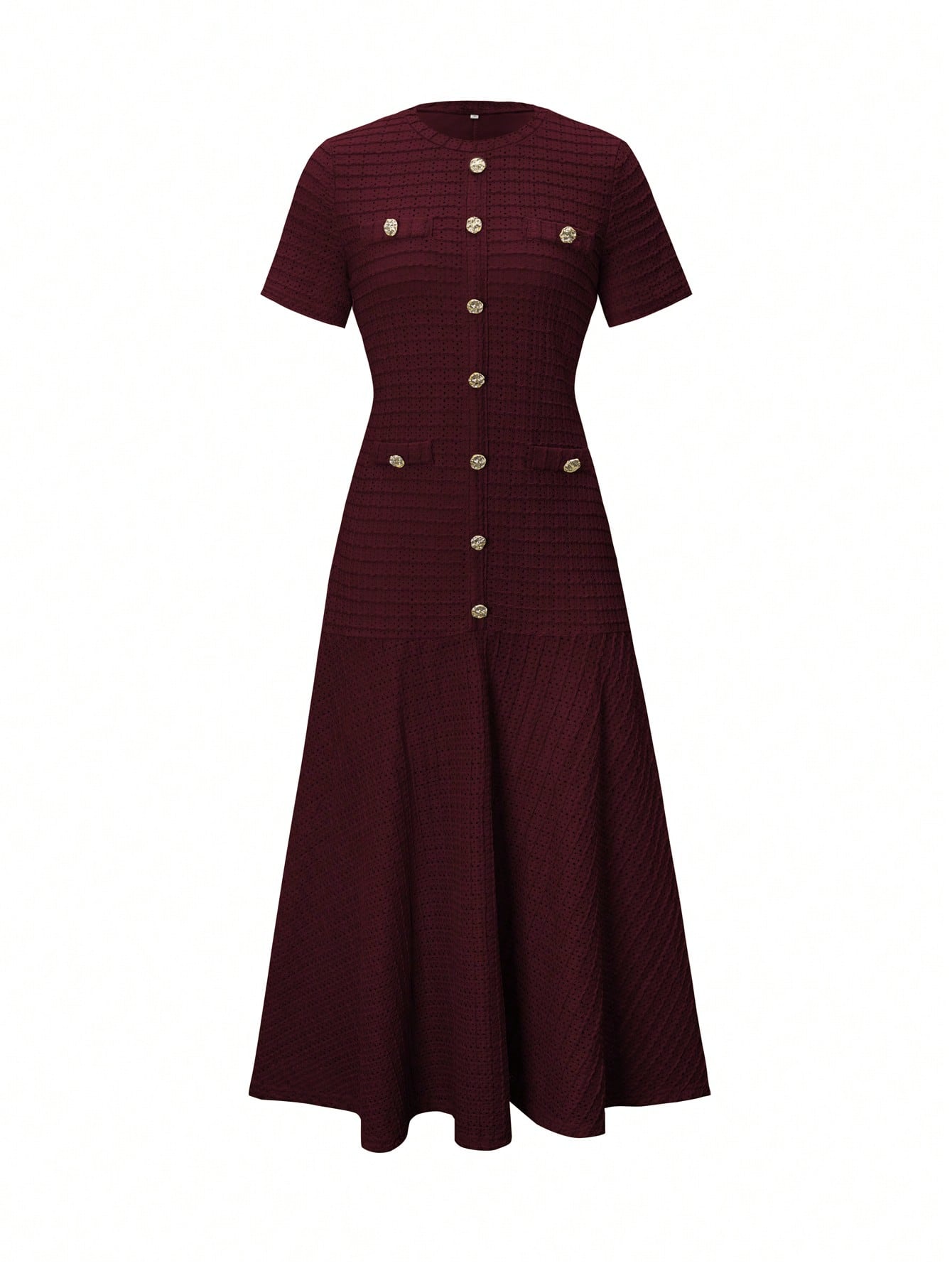 Unadoll Women's Autumn Burgundy Tweed Mid-Length Dress, Short Sleeve Button-Up Fitted Mermaid Skirt Summer Elegant
