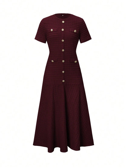 Unadoll Women's Autumn Burgundy Tweed Mid-Length Dress, Short Sleeve Button-Up Fitted Mermaid Skirt Summer Elegant
