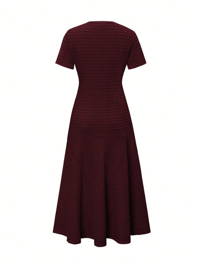 Unadoll Women's Autumn Burgundy Tweed Mid-Length Dress, Short Sleeve Button-Up Fitted Mermaid Skirt Summer Elegant
