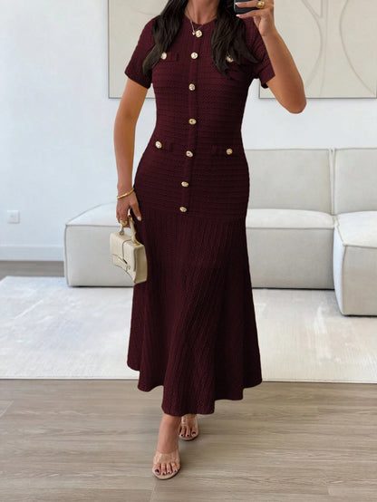 Unadoll Women's Autumn Burgundy Tweed Mid-Length Dress, Short Sleeve Button-Up Fitted Mermaid Skirt Summer Elegant