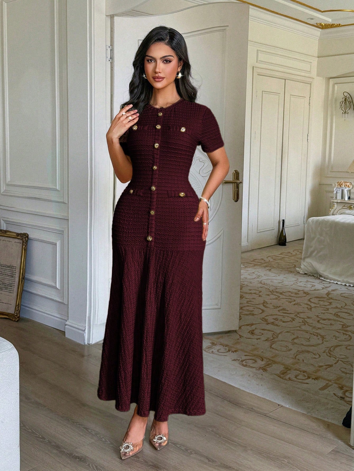 Unadoll Women's Autumn Burgundy Tweed Mid-Length Dress, Short Sleeve Button-Up Fitted Mermaid Skirt Summer Elegant