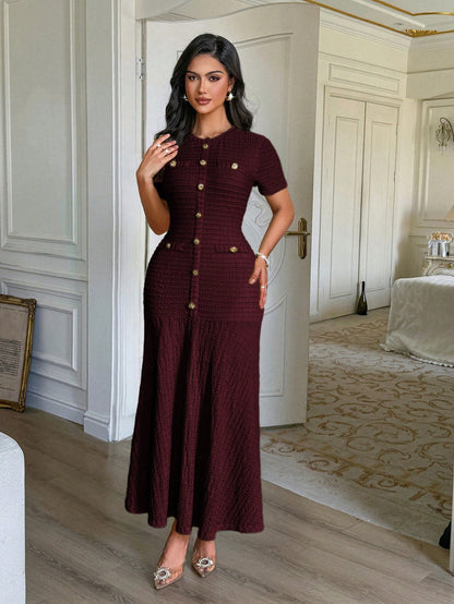 Unadoll Women's Autumn Burgundy Tweed Mid-Length Dress, Short Sleeve Button-Up Fitted Mermaid Skirt Summer Elegant