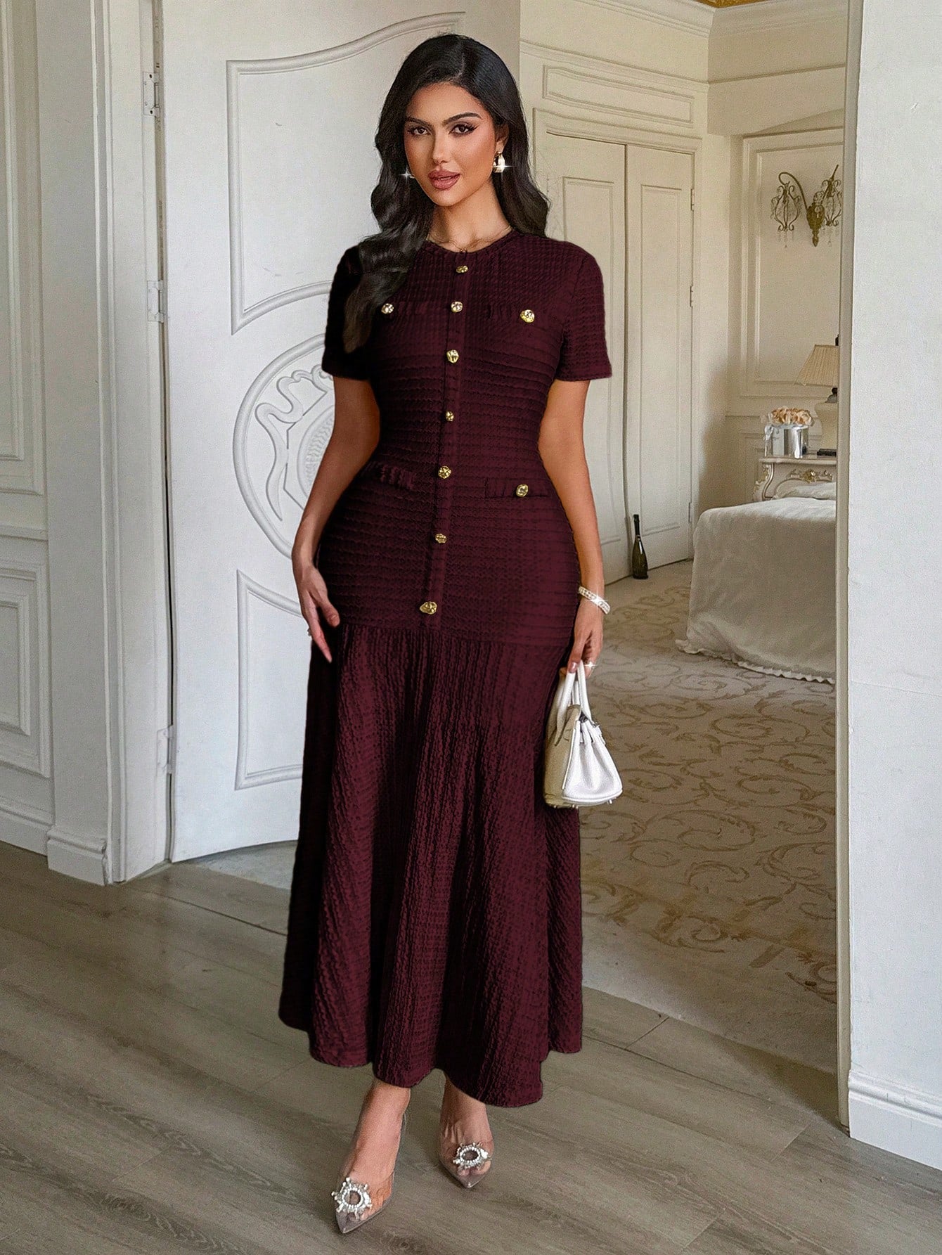 Unadoll Women's Autumn Burgundy Tweed Mid-Length Dress, Short Sleeve Button-Up Fitted Mermaid Skirt Summer Elegant