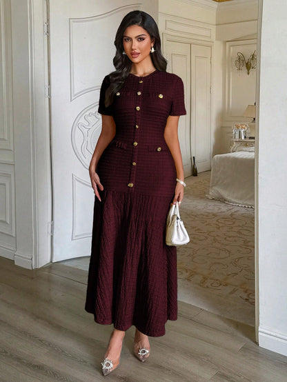 Unadoll Women's Autumn Burgundy Tweed Mid-Length Dress, Short Sleeve Button-Up Fitted Mermaid Skirt Summer Elegant