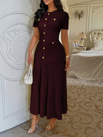 Unadoll Women's Autumn Burgundy Tweed Mid-Length Dress, Short Sleeve Button-Up Fitted Mermaid Skirt Summer Elegant