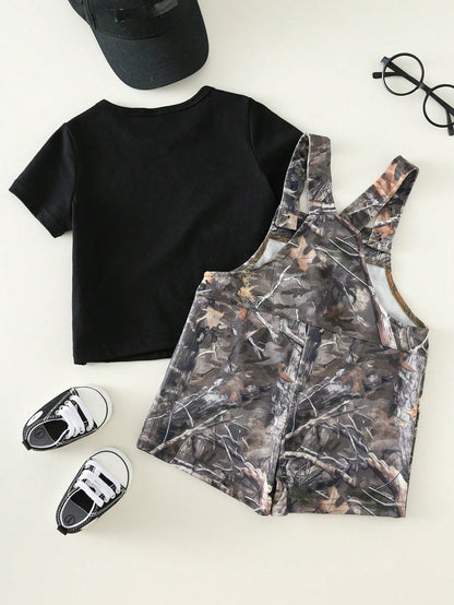 Unisex Baby 2pcs/Set Casual Fashion Black Short Sleeve T-Shirt And Camouflage Bib Shorts Overalls,Summer Vacation Streetwear Camo Toddler Boy Outfit