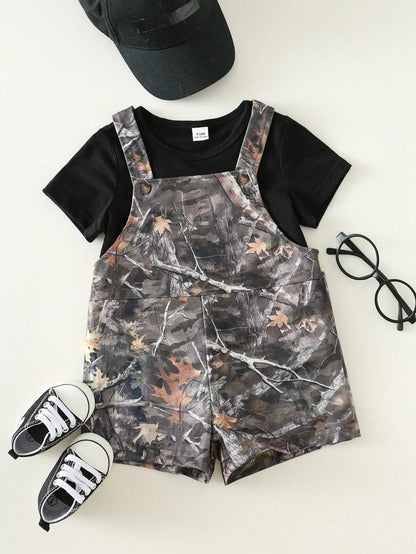 Unisex Baby 2pcs/Set Casual Fashion Black Short Sleeve T-Shirt And Camouflage Bib Shorts Overalls,Summer Vacation Streetwear Camo Toddler Boy Outfit