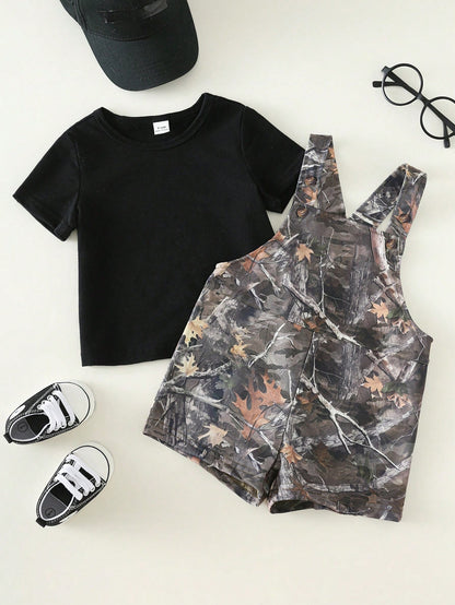 Unisex Baby 2pcs/Set Casual Fashion Black Short Sleeve T-Shirt And Camouflage Bib Shorts Overalls,Summer Vacation Streetwear Camo Toddler Boy Outfit