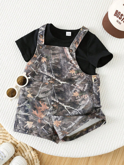Unisex Baby 2pcs/Set Casual Fashion Black Short Sleeve T-Shirt And Camouflage Bib Shorts Overalls,Summer Vacation Streetwear Camo Toddler Boy Outfit