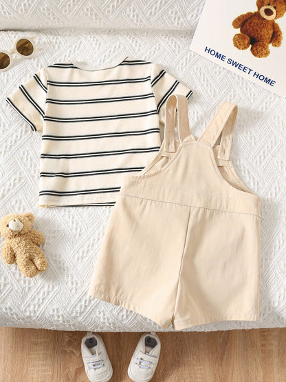 Unisex Baby 2pcs/Set Casual Fashion Black Short Sleeve T-Shirt And Camouflage Bib Shorts Overalls,Summer Vacation Streetwear Camo Toddler Boy Outfit