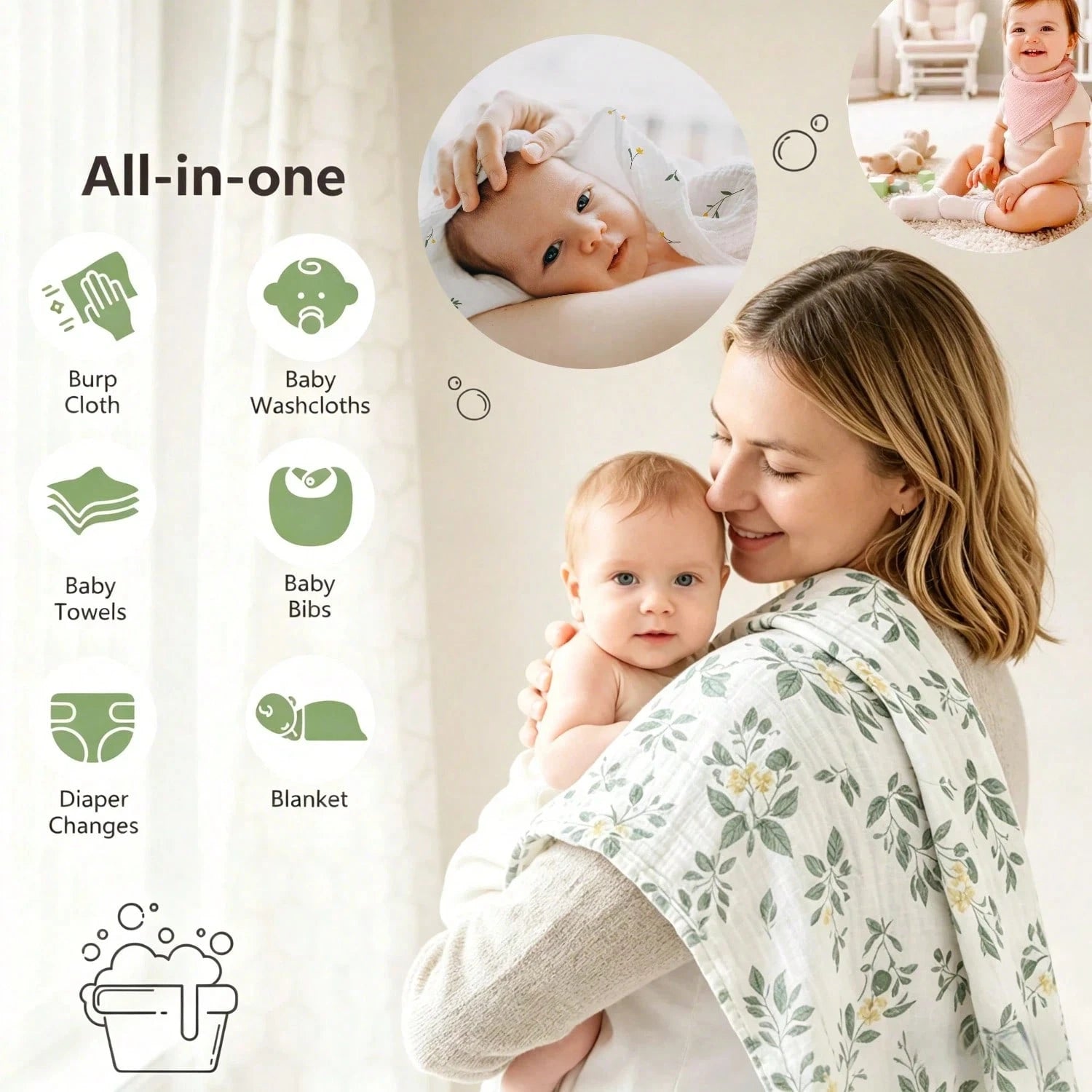 Unisex Baby Muslin Swaddle Blanket, Soft Absorbent Drool Bibs, Multi-Functional Blanket Can Be Used As Drool Bib, Burp Cloth, Stroller Cover, Car Seat Cover, Suitable For Baby Boys And Girls, Breathab
