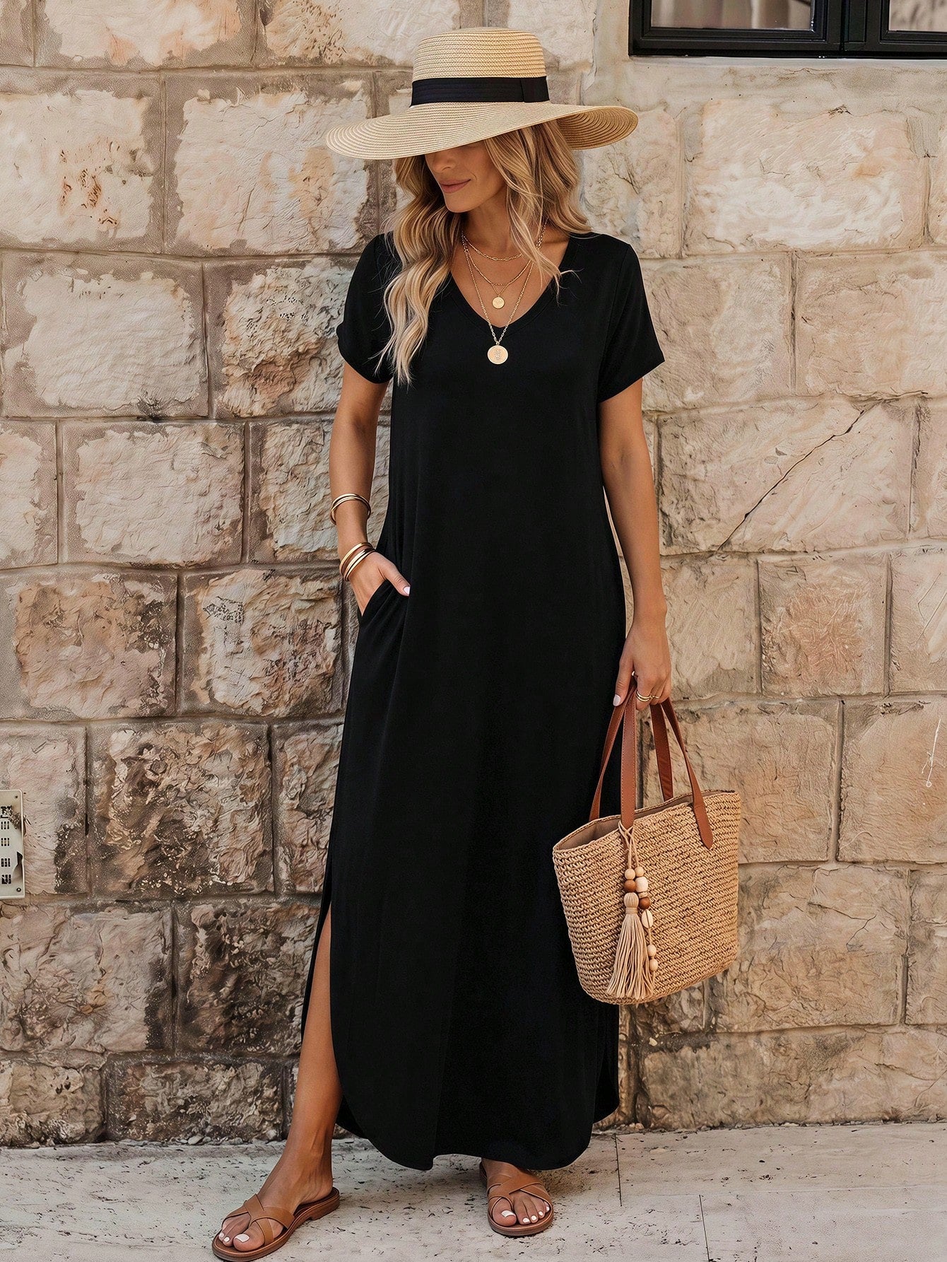 Unity Leisure Women's Slit Dress With Diagonal Pocket Maxi Vacation Beach Outfit