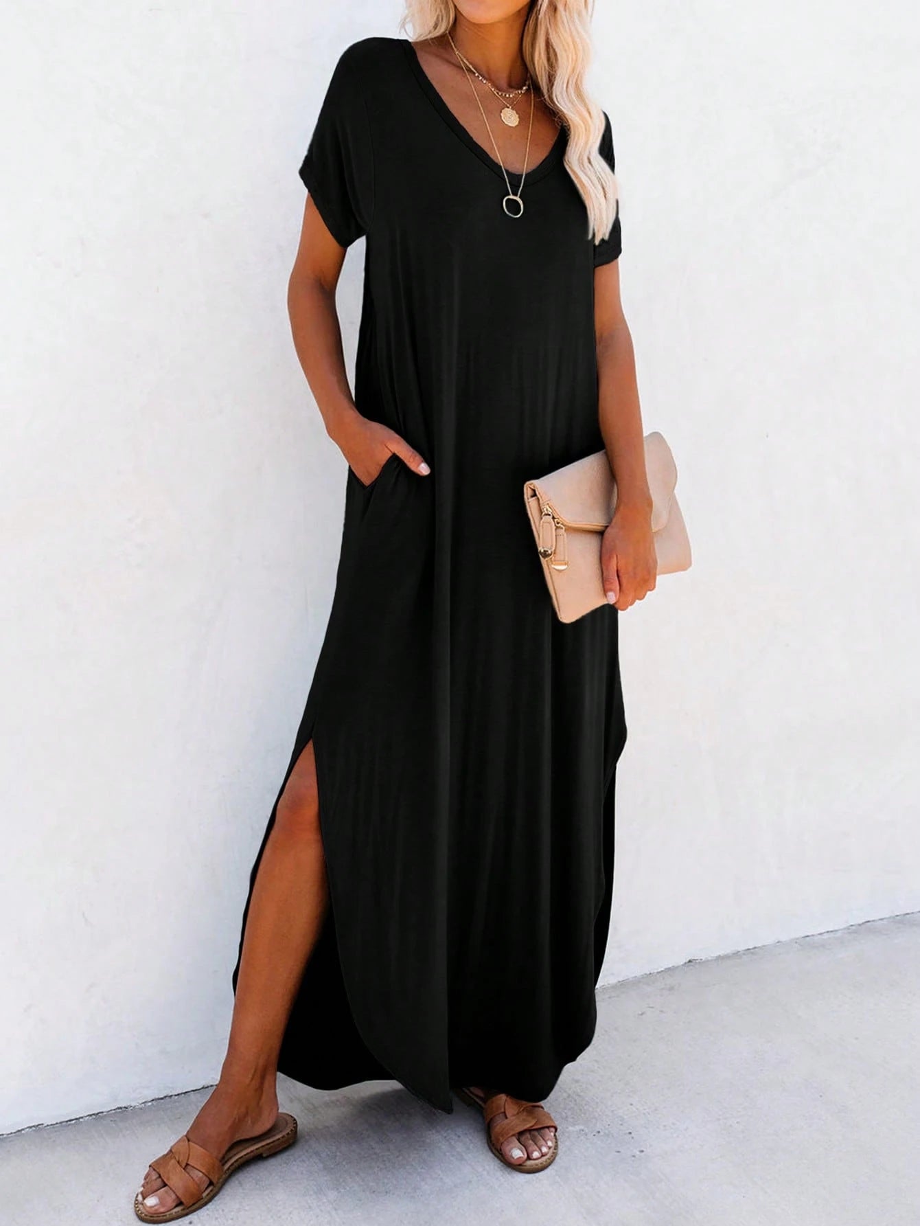 Unity Leisure Women's Slit Dress With Diagonal Pocket Maxi Vacation Beach Outfit