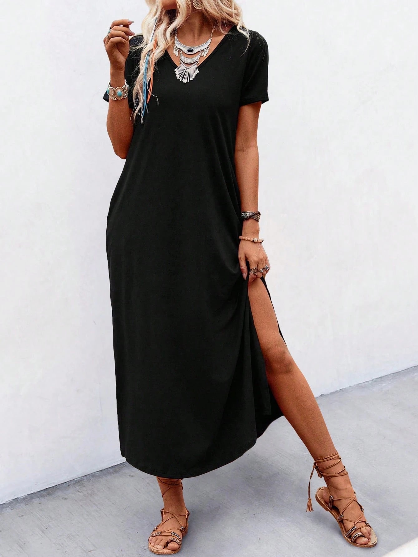Unity Leisure Women's Slit Dress With Diagonal Pocket Maxi Vacation Beach Outfit