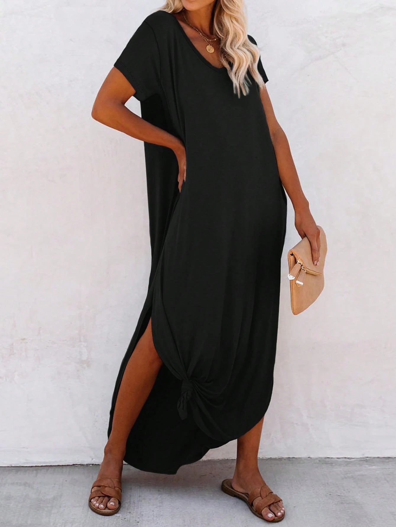 Unity Leisure Women's Slit Dress With Diagonal Pocket Maxi Vacation Beach Outfit