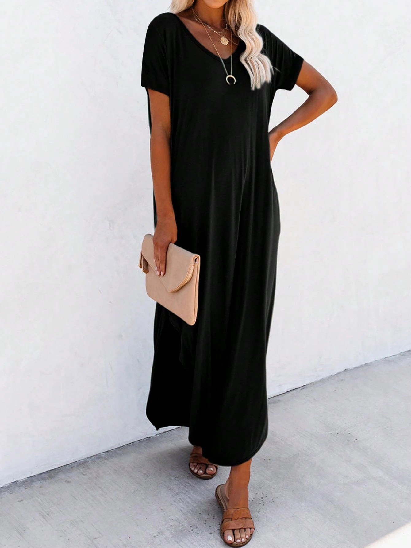 Unity Leisure Women's Slit Dress With Diagonal Pocket Maxi Vacation Beach Outfit
