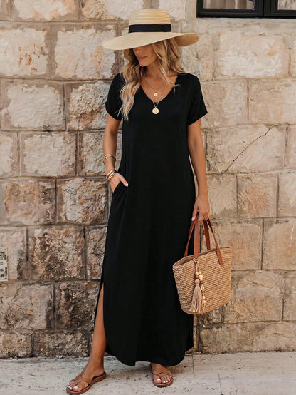 Unity Leisure Women's Slit Dress With Diagonal Pocket Maxi Vacation Beach Outfit