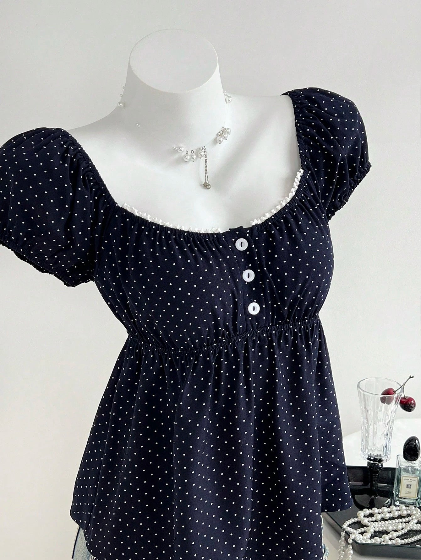 Unity Women's Comfortable Square Neck Polka Dot Print Short Sleeve Blouse