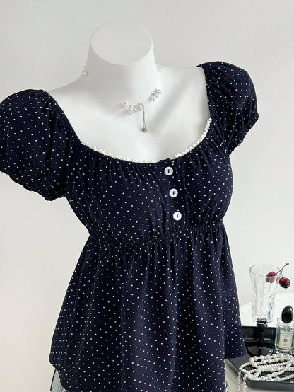 Unity Women's Comfortable Square Neck Polka Dot Print Short Sleeve Blouse