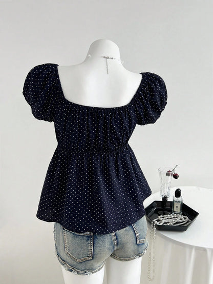 Unity Women's Comfortable Square Neck Polka Dot Print Short Sleeve Blouse