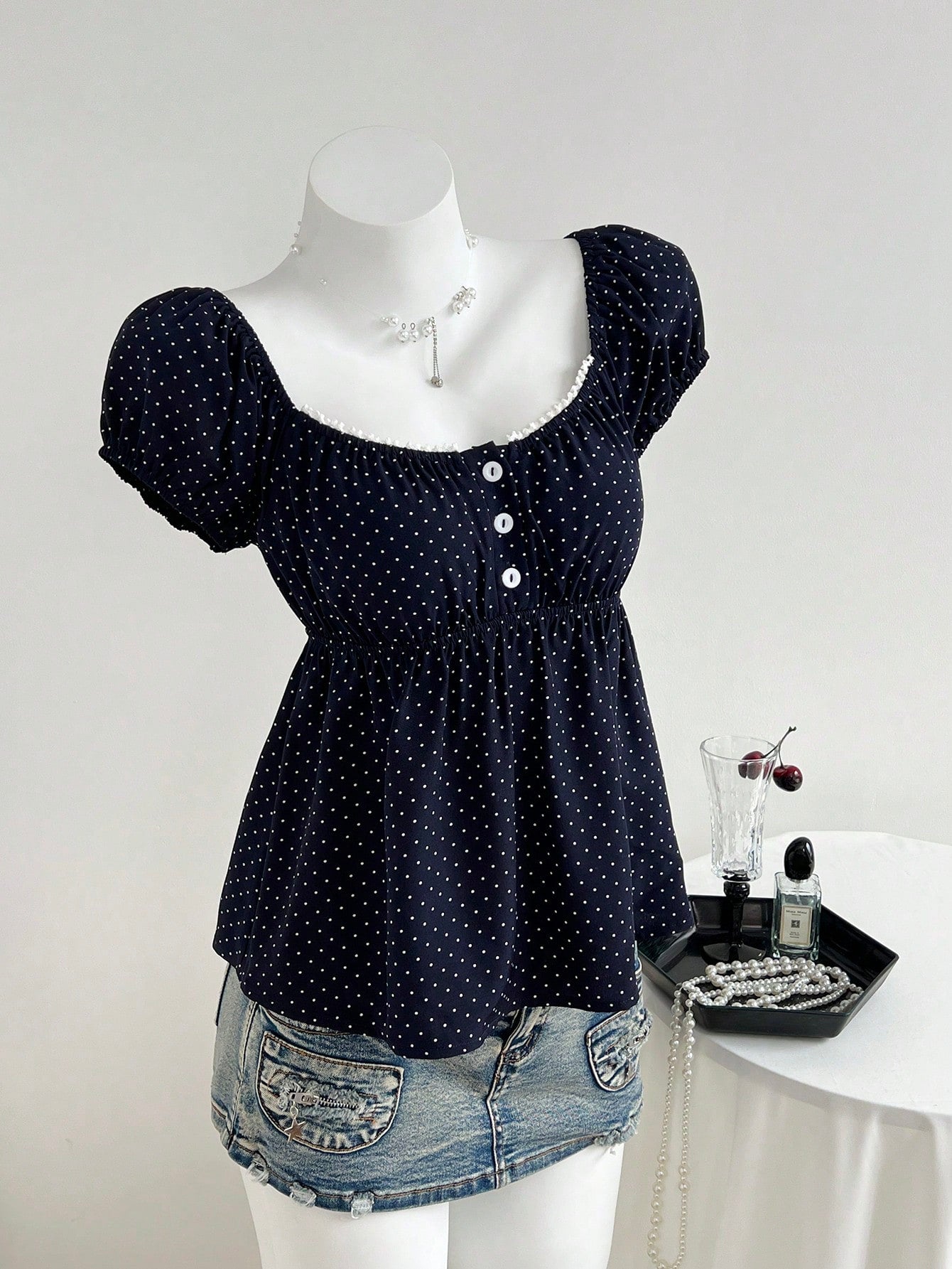 Unity Women's Comfortable Square Neck Polka Dot Print Short Sleeve Blouse