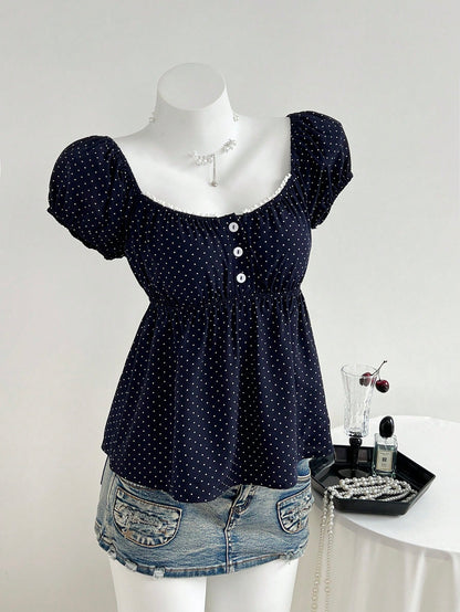Unity Women's Comfortable Square Neck Polka Dot Print Short Sleeve Blouse