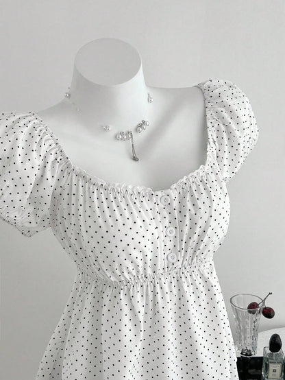 Unity Women's Comfortable Square Neck Polka Dot Print Short Sleeve Blouse