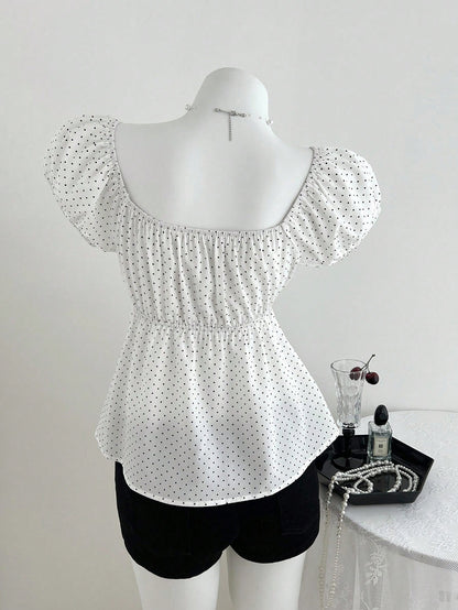 Unity Women's Comfortable Square Neck Polka Dot Print Short Sleeve Blouse