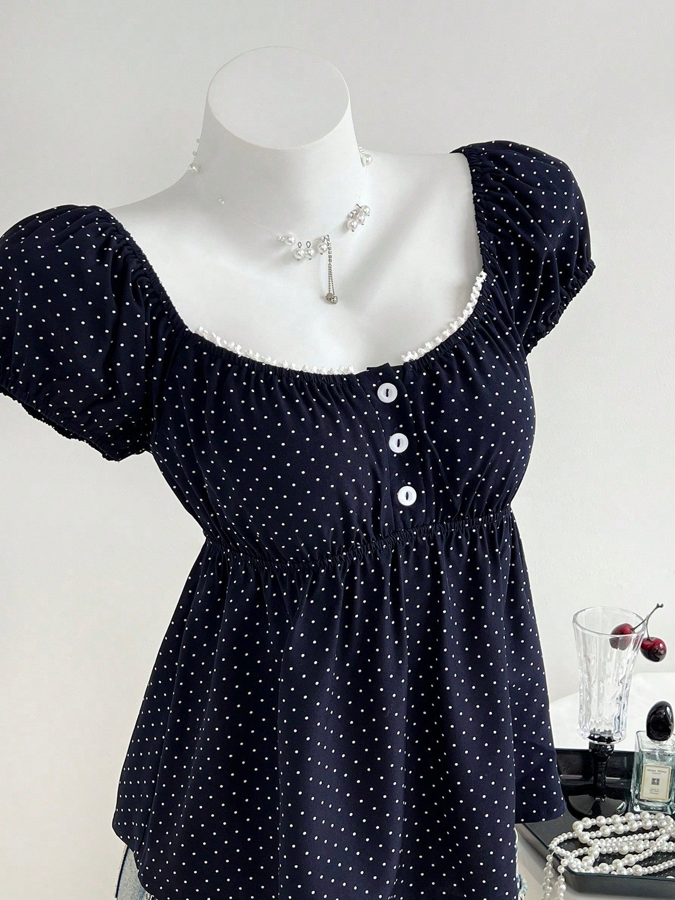 Unity Women's Comfortable Square Neck Polka Dot Print Short Sleeve Blouse