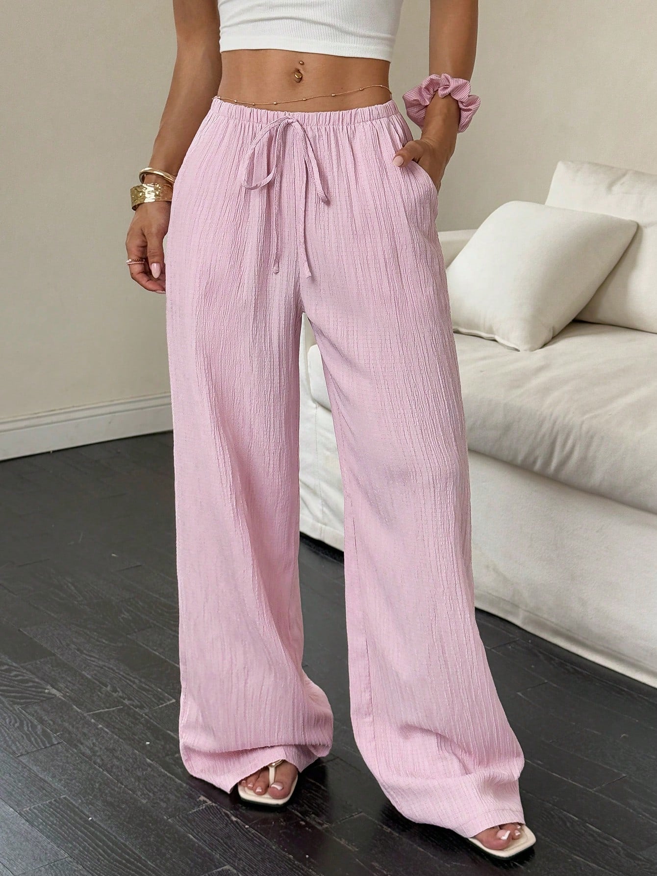 Unity Y2K Casual Vacation Versatile College Style Textured Fabric Wide Leg Pants