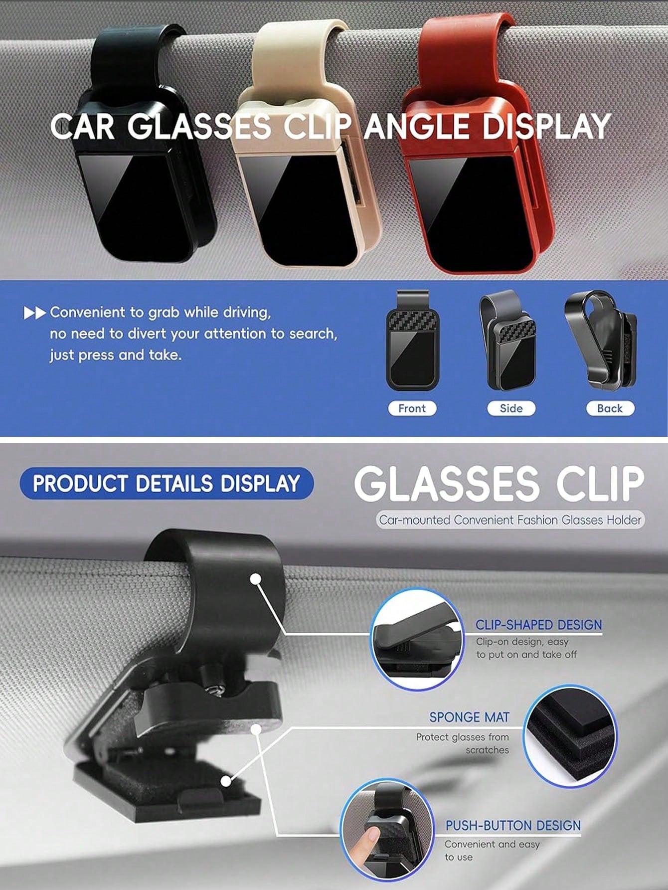 Universal Car Fashion Glasses Holder With Soft Foam Lining- Anti-Scratch Sun Visor Clip, One-Hand Release- Car, Truck And SUV Glasses Storage Organizer- Black Car Interior Accessory
