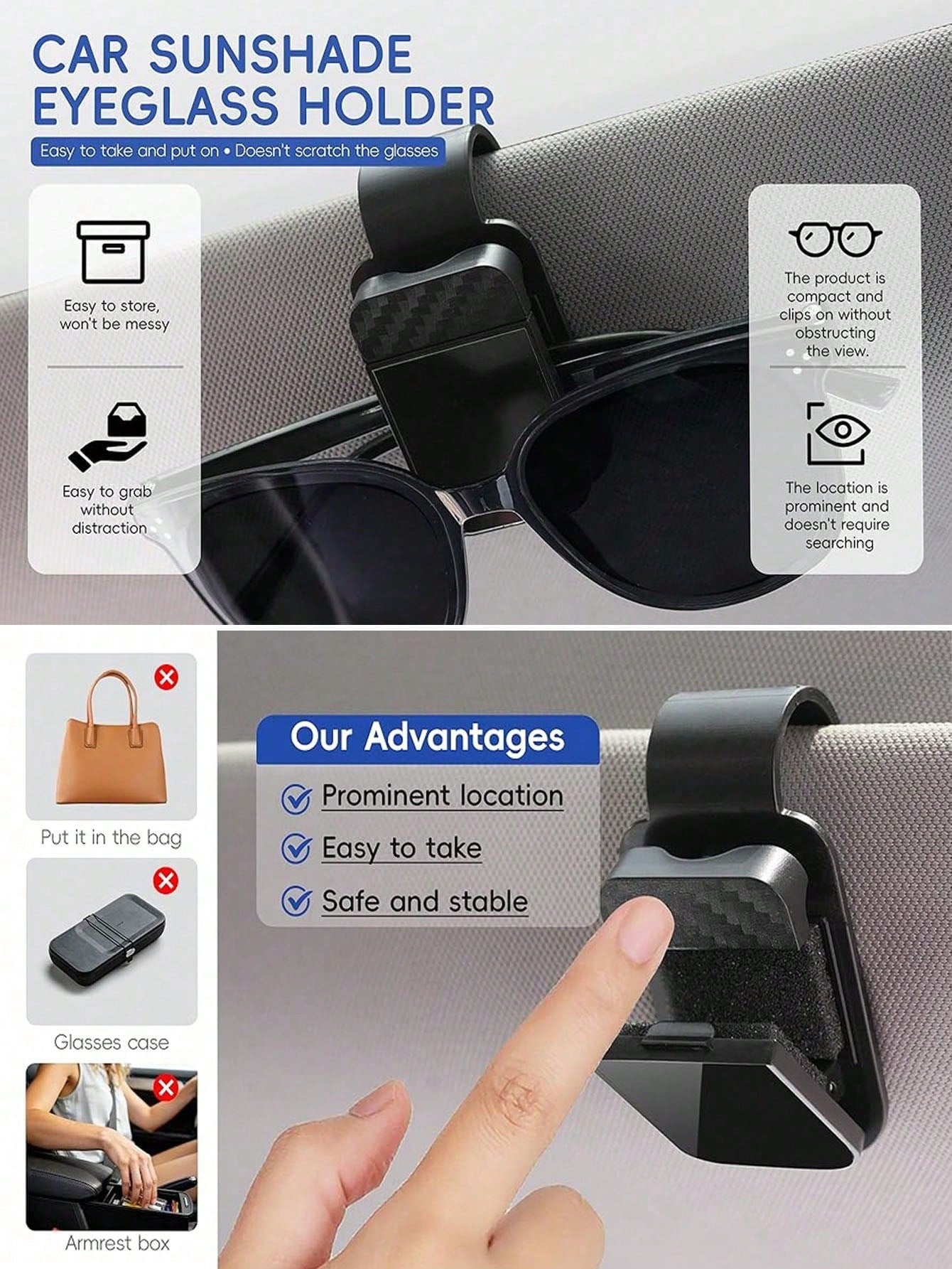 Universal Car Fashion Glasses Holder With Soft Foam Lining- Anti-Scratch Sun Visor Clip, One-Hand Release- Car, Truck And SUV Glasses Storage Organizer- Black Car Interior Accessory